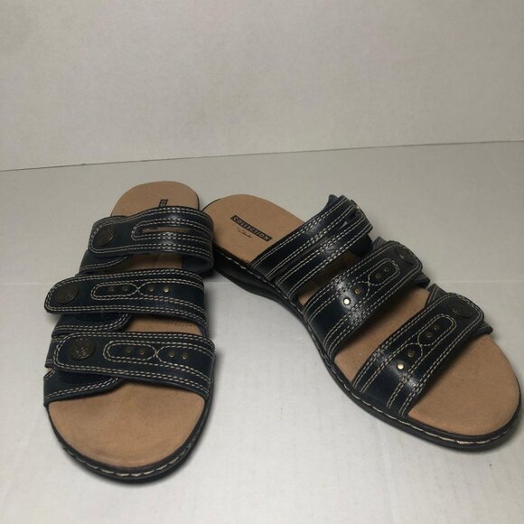 Clarks Leisa Lakia Black Leather Slip On Sandals Adjustable Straps Size 10M - Picture 1 of 15